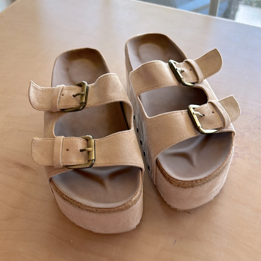 Womens Platform Slide Sandals with Double Buckle - Beige